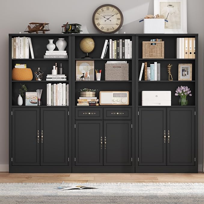 72'' Tall Bookcase with Doors, Adjustable Shelves, P2 MDF Construction, 32'' Wide Freestanding Cabinet with Metal Handles, Hidden Storage for Living Room, Bedroom, Black