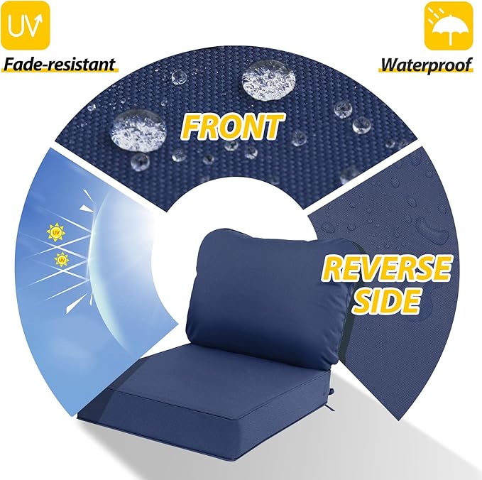 AAAAAcessories Outdoor Deep Seat Cushions, Waterproof, Fade-Resistant Patio Furniture Replacement Cushions, 25.5" x 25.5" x 5" + 25.5" x 19", Set of 2, Navy Blue