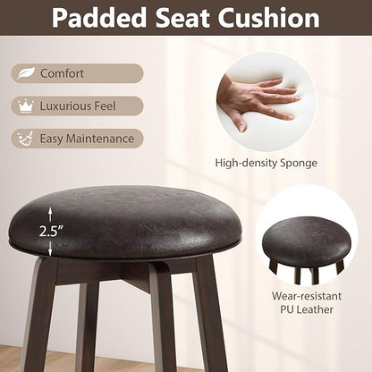 COSTWAY 24-Inch Swivel Bar Stools Set of 2, Upholstered Barstools w/PU Leather Seat & Solid Rubber Wood Legs, Mid-Century Backless Round Counter Height Stools w/Footrest for Kitchen Home Bar