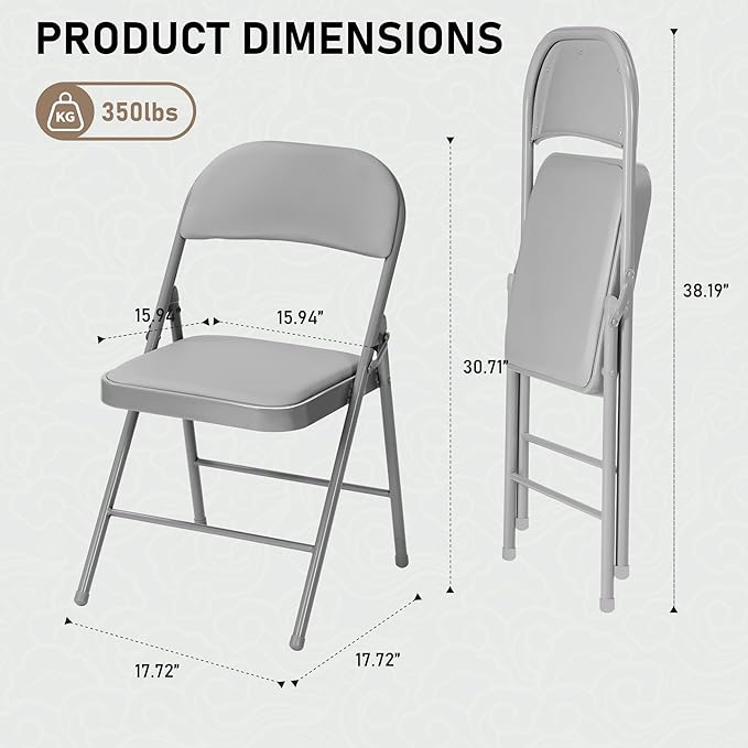 SEALAMB 16 Pack Grey Folding Chairs with Padded Seats & Cushion, Durable Metal Foldable Chairs for Wedding Party, Commercial Chairs for Office School Church Events, 330lb Capacity (Grey-PU, 16 Pack)