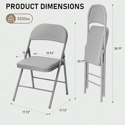 SEALAMB 4 Pack Grey Folding Chairs with Padded Seats & Cushion, Durable Metal Foldable Chairs for Wedding Party, Commercial Chairs for Office School Church Events, 330lb Capacity (Grey-PU, 4 Pack)