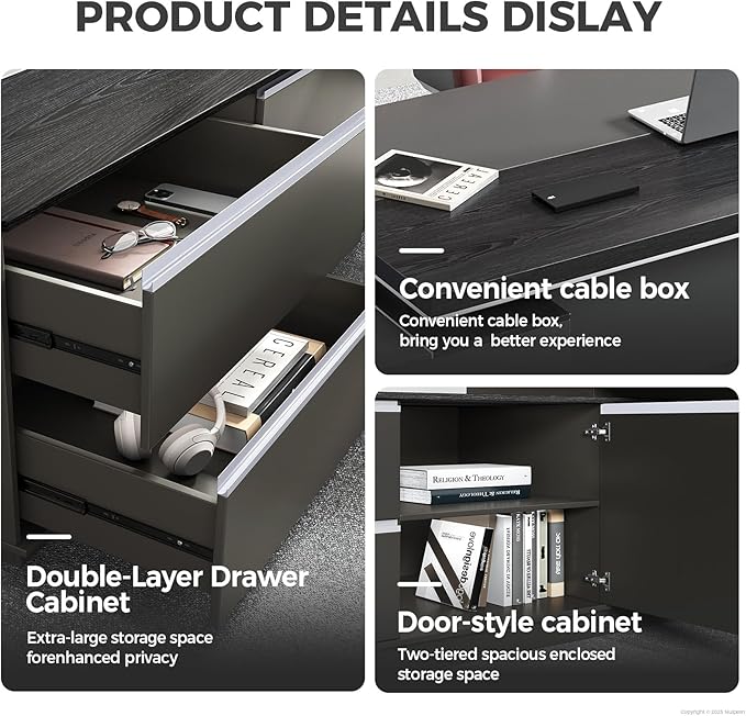 L Shape Executive Desk with Drawers – Modern Large Office Desk for Home Office, Spacious Computer Workstation with Storage Cabinets, Black Finish (Black/Left, 87" L * 63" W * 30" H)