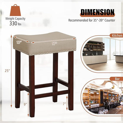 COSTWAY Counter Height Bar Stools Set of 4, 25-inch Backless Saddle Stools with Nailhead Trim, Rubber Wood Frame, Footrest, Max Load 330 Lbs, Upholstered Barstools for Kitchen Island Pub, Beige