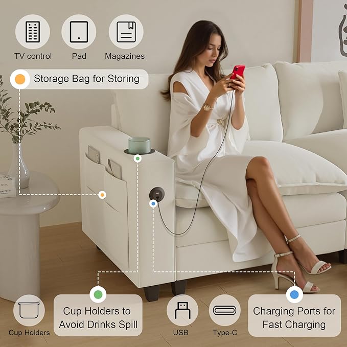 Cloud Couch, Modular Sectional Sofa with Ottoman, Charging Station, Throw Pillows, Cup Holders, Modern Convertible L Shaped Couches for Living Room, Bedroom (White, 152"- U Shape)