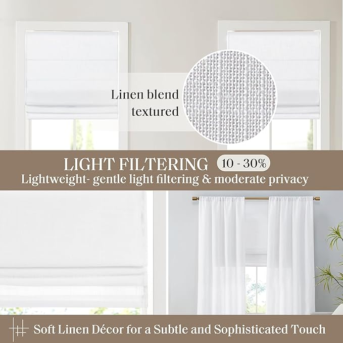 Madison Park Kyler Cordless Roman Shades - Single Panel, Lightweight Linen Blend Fabric, Natural Design, Easy Installation, Light Filtering Window Blind, Bedroom, Living Room Decor 29"W x 64"H White