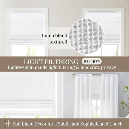 Madison Park Kyler Cordless Roman Shades - Single Panel, Lightweight Linen Blend Fabric, Natural Design, Easy Installation, Light Filtering Window Blind, Bedroom, Living Room Decor 34"W x 64"H White
