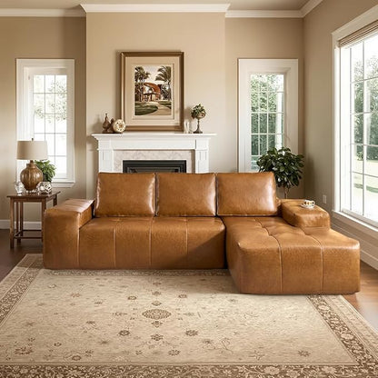 114" Boneless Couches for Living Room, Brown Faux Leather Cloud Sectional Couches with Chaise, Deep Seat L Shaped Modular Sofa, No Assembly Required Sofas in a Box (Right,Faux Leather,Brown)