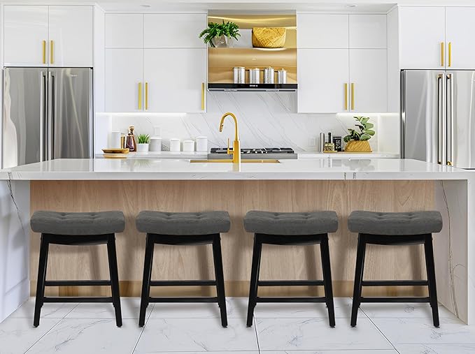 Counter Height Bar Stools Set of 4 for Kitchen Counter Farmhouse Modern Barstools with Faux Leather Upholstered Backless Seat and Solid Wood Legs 24 inch Bar Chairs, Grey + Black