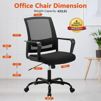 CLATINA Ergonomic Desk Chair, Mid Back Mesh Computer Chair with Lumbar Support and Armrest, Height Adjustable Swivel Chair for Home Office, Black (1PK)