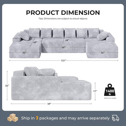 131'' U Shaped Sectional Couches with Chaise Lounge, No Assembly Required Deep Seat Modular Cloud Sofa for Living Room 1PCS, Bedroom(Light Gray)