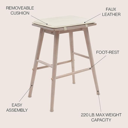 JONATHAN Y CSL2002B Peroni 26" MidCentury Classic Saddle-Seat Solid Wood/Vegan Leather Backless Counter Stool with Removeable Cushion for Pool, Deck, Poolside, Light Birch/Cream