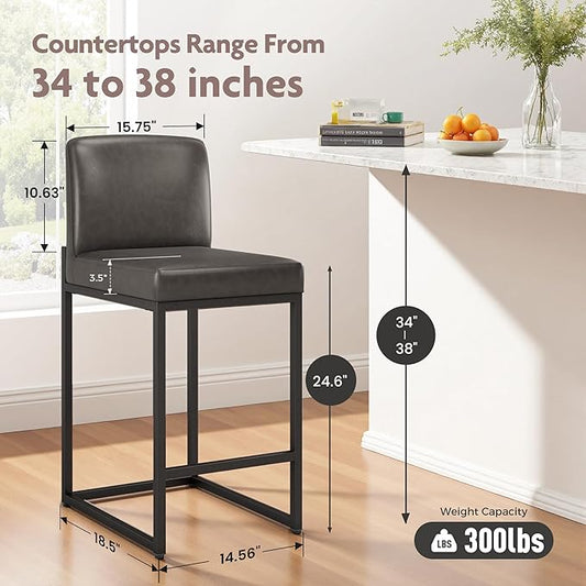 ALPHA HOME 24 Inch Bar Stools Set of 3, Kitchen Counter Stools with Backs, PU Leather Barstools, Kitchen Stools with Back&Upholstered Footrest, Sturdy Chromed Metal Steel Frame, Grey