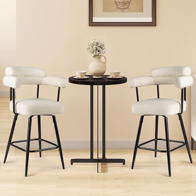 COSTWAY Counter Height Bar Stools Set of 4, 27" Swivel Modern Upholstered Counter Chairs with Boucle Fabric, Curved Backrests & Metal Legs, for Kitchen Island, Home, Pub (4, White + Black)