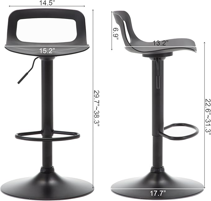 NOBPEINT Contemporary Chrome Air Lift Adjustable Swivel Bar Stool, Set of 2, Black