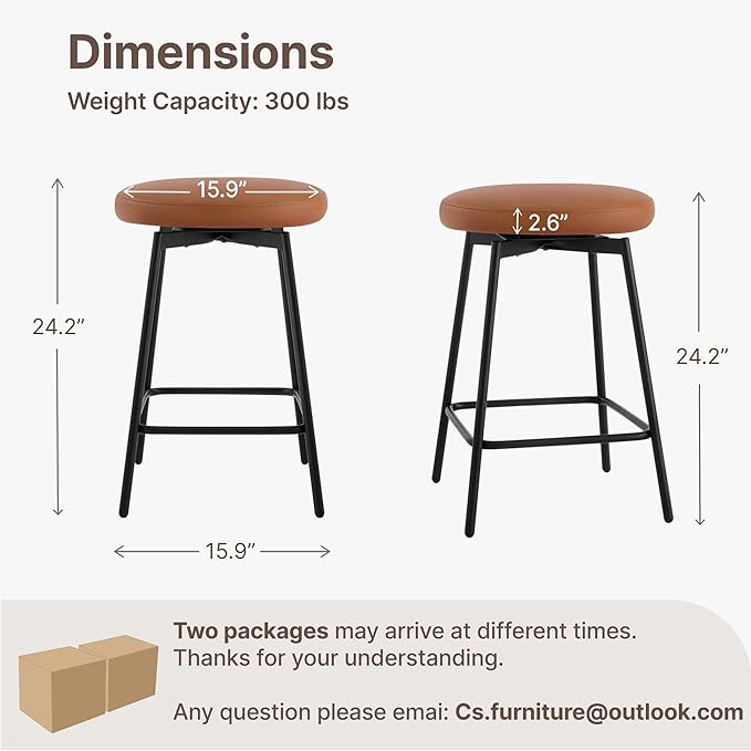 Swivel Bar Stools Set of 4, 24" Counter Height Bar Stool, Backless Barstools with Faux Leather Upholstered Seat&Sturdy Wood Legs for Kitchen Island, Brown