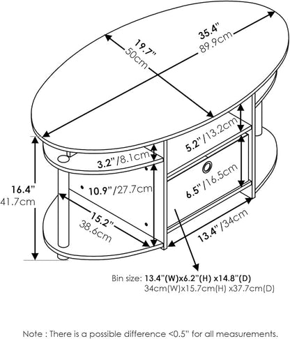 Furinno Jaya Simple Design Oval Coffee Table with Bin for Living Room, Americano/Chrome/Black