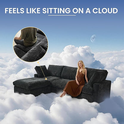 WJShome U Shaped Sectional Couch 134 Inch 4-Seater Modern Modular Sofa with 2 Ottoman,Chenille Deep Seat Couches for Living Room, Bedroom and Apartment，Black