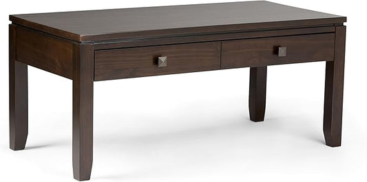 SIMPLIHOME Cosmopolitan Coffee Table - 42 inch Wide Solid Wood Contemporary Rectangle Cocktail Table in Mahogany Brown, Stylish Living Room Table with 2 Drawers and Square Brushed Nickel Knobs