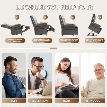 Large Dual Motor Power Lift Recliner Chair with Massage and Heat for Elderly People, Infinite Position,USB Ports and Remote Control,Breathable Leather (Gray)