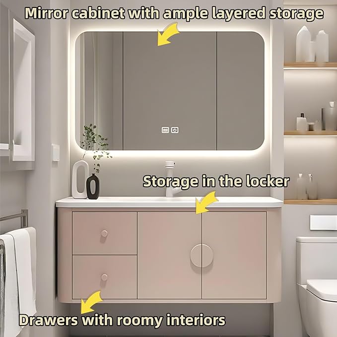 36IN Pink Modern Bathroom Vanity - Bathroom Vanities Set with 2 Drawers Wall Mounted | Rounded Corner Smart Defogging Mirror Cabinet with Lighting & Time Display, Side Opening Storage Shelf (Style B)