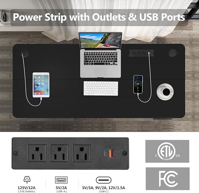 farexon 48 x 24 inch Standing Desk Electric Adjustable Height with Charging Station, Stand up Desk with Ergonomic Workstation, 4 Preset Heights Easy to Set(Black)