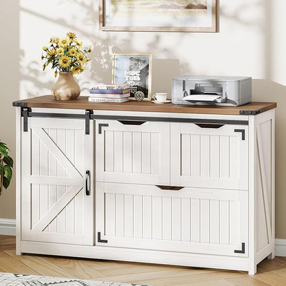 47.8” Farmhouse Lateral File Cabinet with Sliding Barn Door, 3 Drawers Filing Storage Cabinets with Adjustable Shelf, Office Printer Stand for Hanging Files Letter/Legal/F4/A4.