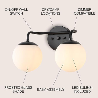 JONATHAN Y JYL3535B Louis Parisian Globe 15" 2-Light Metal/Frosted Glass Modern Contemporary LED Vanity Light Midcentury, Glam, Transitional, Office, Living Room, Dining Room, Bedroom, Black