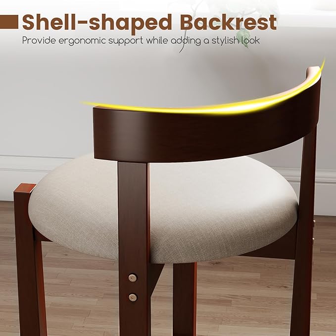 COSTWAY 24'' Counter Height Bar Stools Set of 4, Linen Upholstered Bar Chairs with Backrests and Footrests, Wood High Barstools for Kitchen Island and Dining Room (Walnut)
