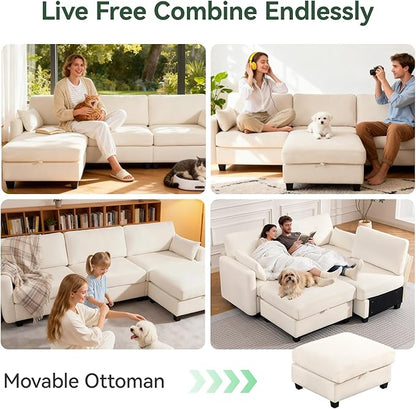109'' Modular Sectional Sofa, L Shaped Couch with Storage Ottoman, Comfy Cloud Sofa with Deep Seat, 4 Seat Convertible Sectional Couches for Living Room (Beige, High Legs 3.15'')