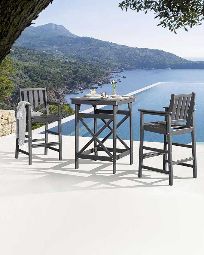 Adirondack Bar Chair Set of 2, HDPE Tall Adirondack Chairs Bar Stools with Footrest, Outdoor Bar Height Stool Chair Set, HDPE Patio Barstools Set for Balcony, Porch, Deck, Pool, Smoke Gray