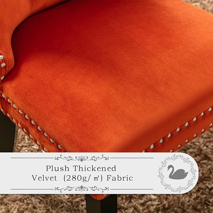 Velvet Upholstered Dining Chairs Set of 4, Modern Style Kitchen Side Chairs with Nailhead Trim and Wood Legs,Metal Pulling Ring for Dining Room Living Room(Orange,Set of 4)