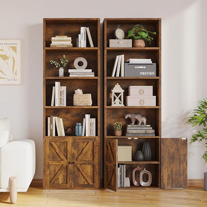 MXV Bookshelf Bookcase with Doors, 6 Tier 71" Tall Wooden Storage Shelves Organizer, Floor Standing Display Cabinet Shelves, Home Decor Furniture for Home Office, Living Room, Bedroom, Brown