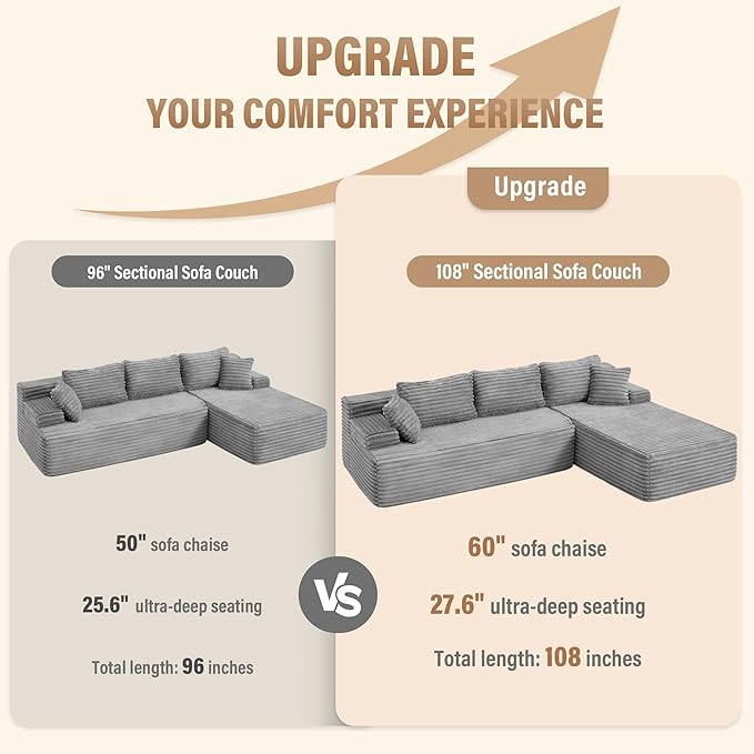 Hobestluk Modular Sectional Couch Sofa, 108" Boneless Couches for Living Room, Memory Foam Sectional Couch with Oversized Chaise,L-Shape Couches (Grey, Right Facing)