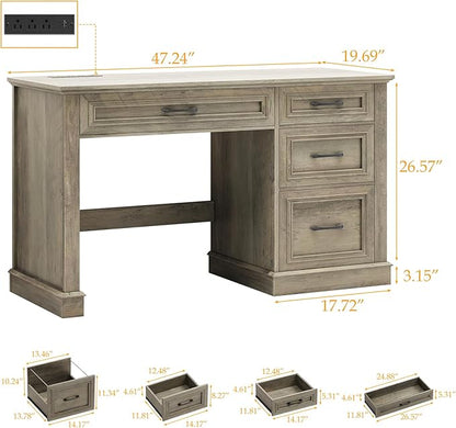 Farmhouse 47" Executive Desk, Computer Desk with Drawers and File Drawer, Workstation Computer Desk with Charging Station for Home Office,Study,（Wash Grey）