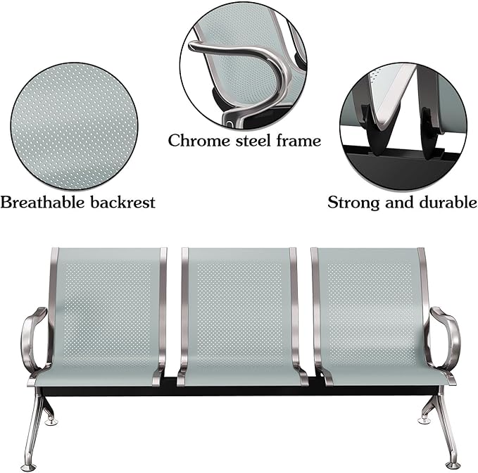 Kinsuite 5-Seat Reception Chair - 2pcs Waiting Room Chairs with Arms & Stainless Steel Frame, Waiting Room Bench, Lobby Chairs for Office Airport Bank Hospital, Silver