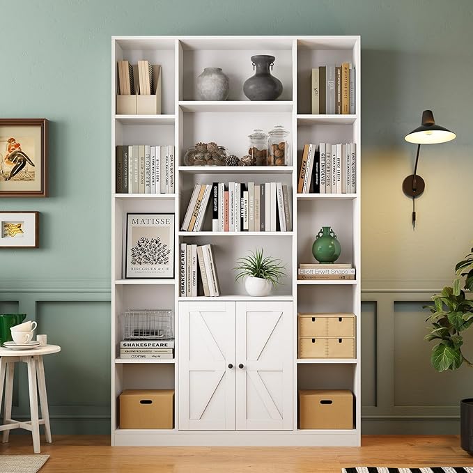 MXV 74" Tall Bookshelf, White Bookcase with Doors and Storage Space, Large Display Shelf for Home & Office, Living Room, Bedroom, Kitchen