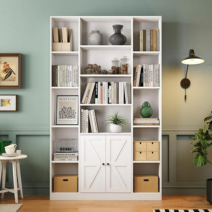 MXV 74" Tall Bookshelf, White Bookcase with Doors and Storage Space, Large Display Shelf for Home & Office, Living Room, Bedroom, Kitchen