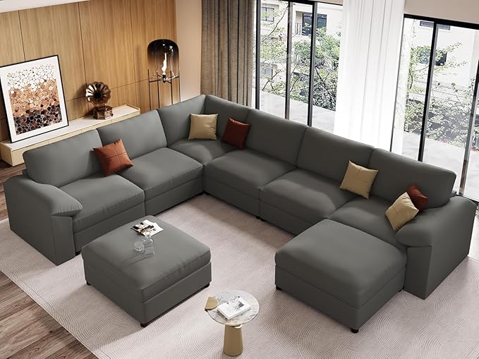 EASE MOOSE Modular Sectional Sofa, Oversized Faux Leather Sectional with Ottoman, Wide Deep Modular Couch, Scratch Resistant Faux Leather Material, U Shaped Couch for Big Spaces, Grey