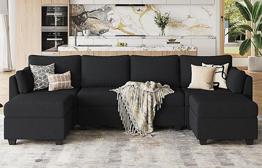 114.17" Modular Sectional Sofa, 6 Seat Sectional Couches with Storage, Memory Foam, Convertible Modular Couch for Living Room, U Shaped Comfy Modular Sofa with Chaise, Black