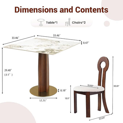 Sintered Stone Square Office Table and Chair Set - Meeting Table for Small Offices (Walnut‌ Leg and Pandora Top, 1 Table and 2 Chairs)