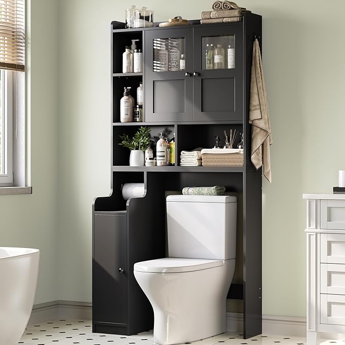 Itaar Over The Toilet Storage Cabinet, Over Toilet Bathroom Organizer with Glass Doors & Toilet Paper Holder Stand, Home Space-Saving Toilet Rack, for Bathroom, Restroom, Laundry(Black)