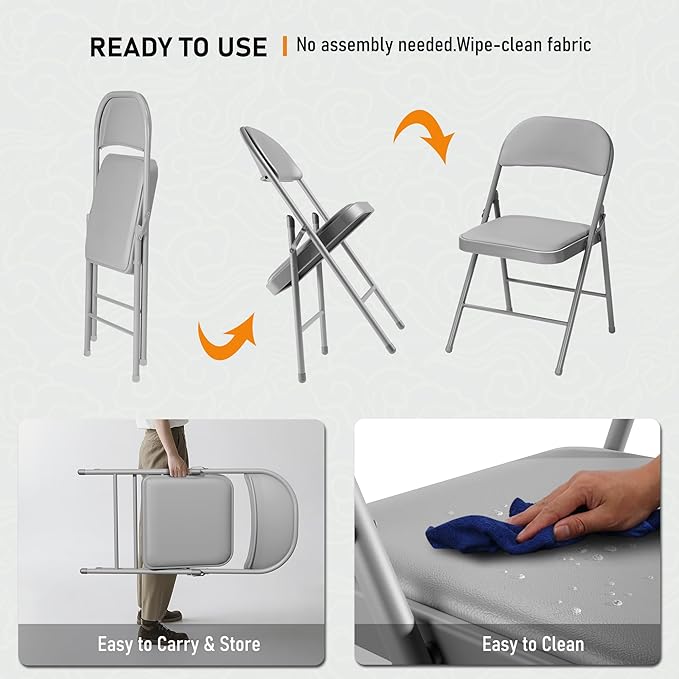 SEALAMB 30 Pack Grey Folding Chairs with Padded Seats & Cushion, Durable Metal Foldable Chairs for Wedding Party, Commercial Chairs for Office School Church Events, 330lb Capacity (Grey-PU, 30 Pack)