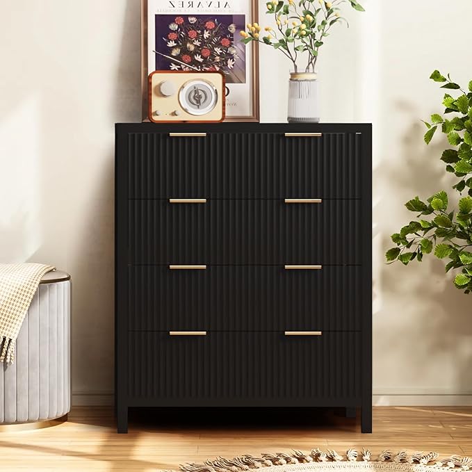 4 Drawer Double Dressers for Bedroom with Waveform Fluted Panel Design, Modern Wide Chest of Drawers,Wood Storage Dresser Chest of Drawers for Bedroom Living Room Hallway Closet, Black 2 Sets