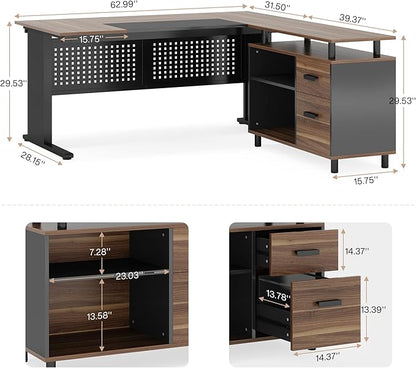 LITTLE TREE Large Computer Desk with File Cabinet, 63 Inch L Shaped Executive Office Desk with Drawers and Storage Shelves, Business Furniture Workstation for Home Office