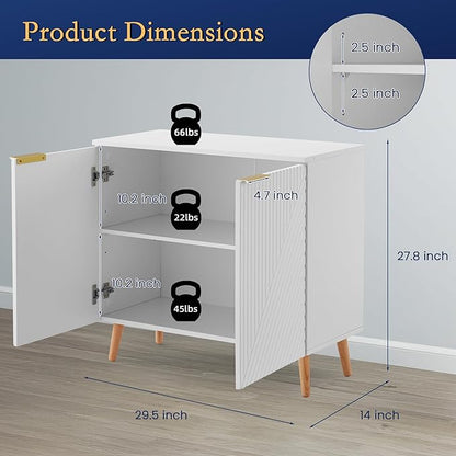 Modern Buffet Cabinet, Fluted Sideboard Buffet Cabinet with Storage, Wood Accent Table with Adjustable Shelf for Living Room, Entryway, White