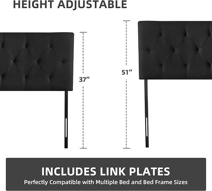 Linen Upholstered Headboard Twin Size, Diamond Tufting Solid Wood Twin XL Headboard Only, Adjustable Height from 37” to 51” Head Board, Dorm Bed Frame or Wall Mount Headboards, Black