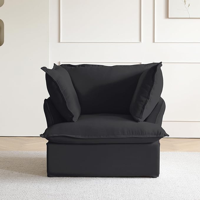 JACH Modern Comfy Couch Chair with Thick Cushion, Couch Single Accent Chair Deep Seat Sofa Couches, Hemp Velvet Sofas Furniture for Small Spaces Living Room Bedroom Office Apartment (Black)