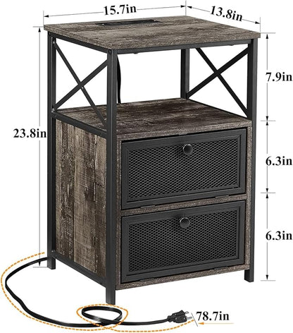VECELO Misty Gray End Table with USB Ports and Outlets,24 Inch Nightstands with Charging Station and Storage Shelf for Bedroom,Living Room, 2 Set