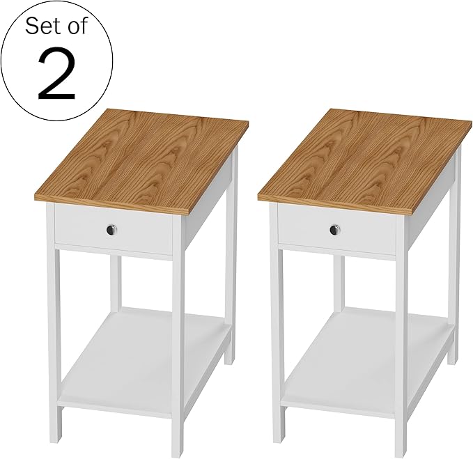 Side Table Set - Small Nightstand Set of 2 with Drawer and Open Storage Shelf - Traditional Style Bedroom or Living Room Furniture - Use as Bedside Tables or End Tables by Lavish Home (White)