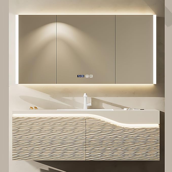 44in Elegant Modern Luxury Bathroom Vanity with Sink - Wall Mounted Solid Wood Cabinet & Smart LED Defogging Mirror | Single Sink Bathroom Cabinets